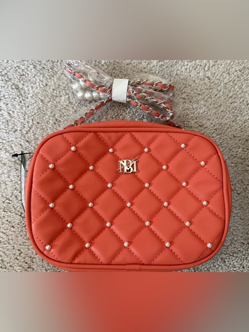 Badgley Mischka Coral Quilted Crossbody with Pearl Accents and Silver Chain